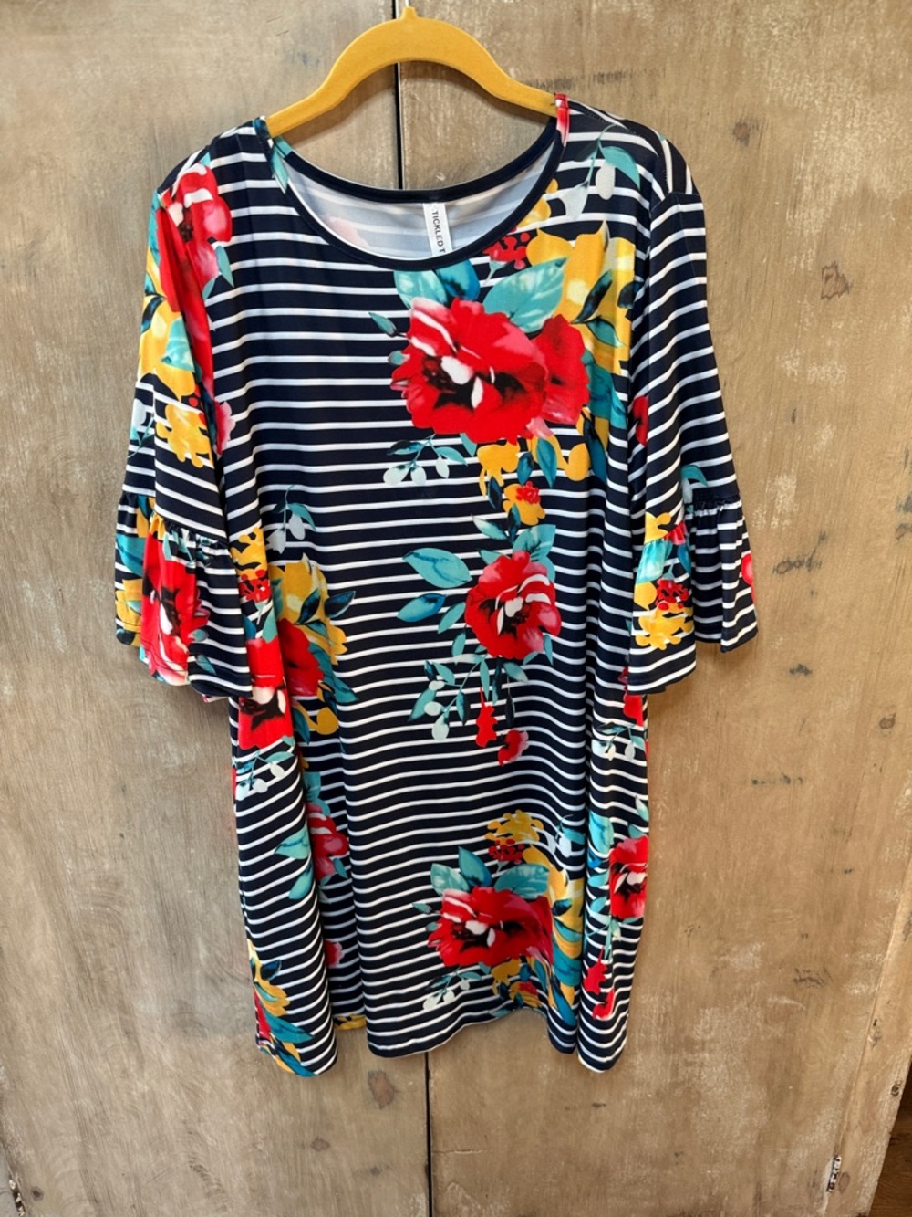 Floral Stripe Ruffle-Sleeve Tunic - Navy with Red & Yellow Flowers
